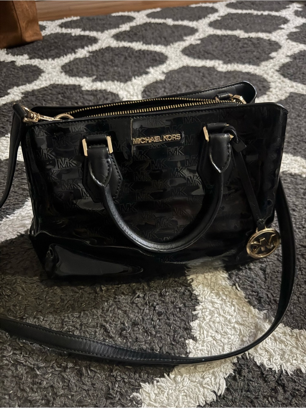 Michael Kors Black Patent Logo Satchel with Gold Hardware